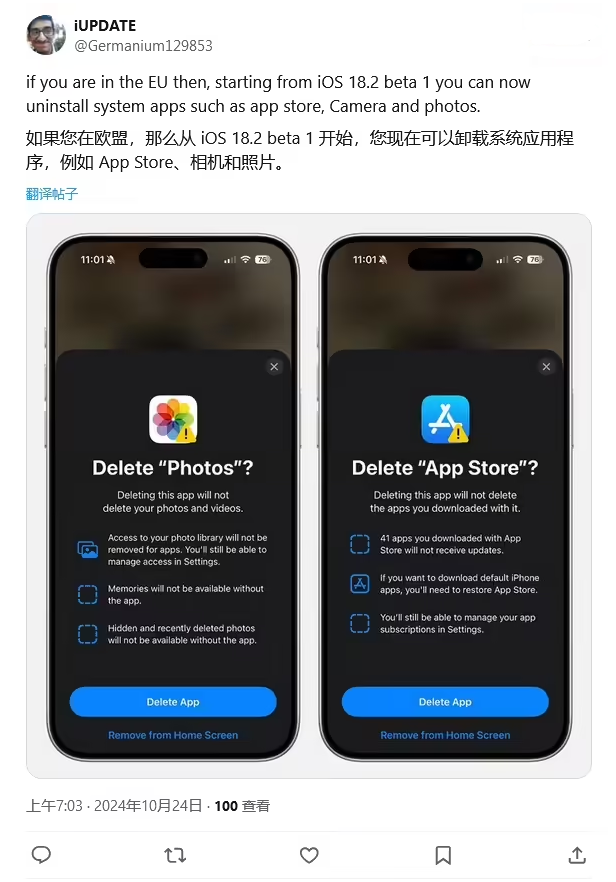 肥西苹果手机维修分享iOS 18.2 支持删除 App Store 应用商店 