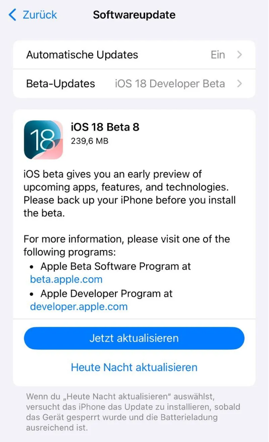 肥西苹果手机维修分享苹果 iOS / iPadOS 18 开发者预览版 Beta 8 发布 